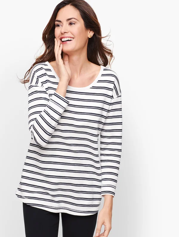 Petite - Mixed Stripe Back Cutout Top - Blue - Xxs Talbots