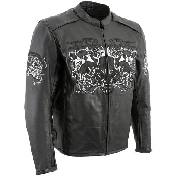Xelement B95010 'bones' Men's Black Armored Cruiser Motorcycle Jacket With Reflective Skulls - Black, 5x-large
