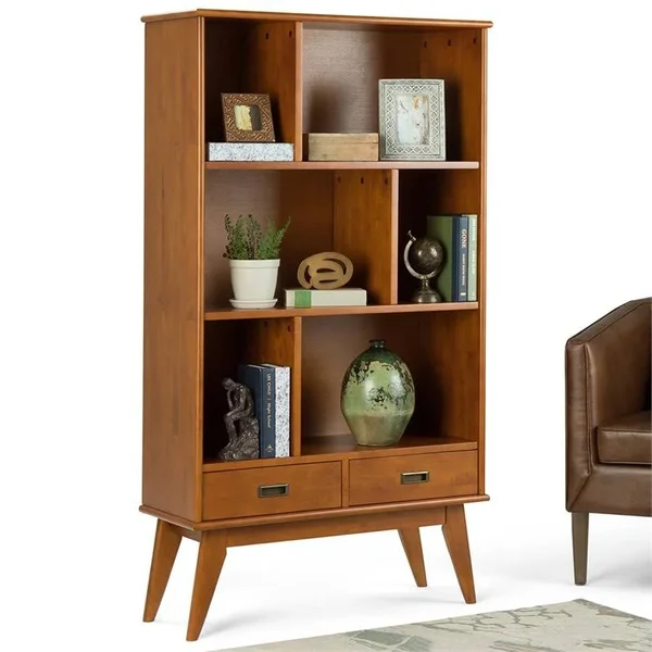 Simpli Home Draper 6 Cubby Bookcase, Teak Brown