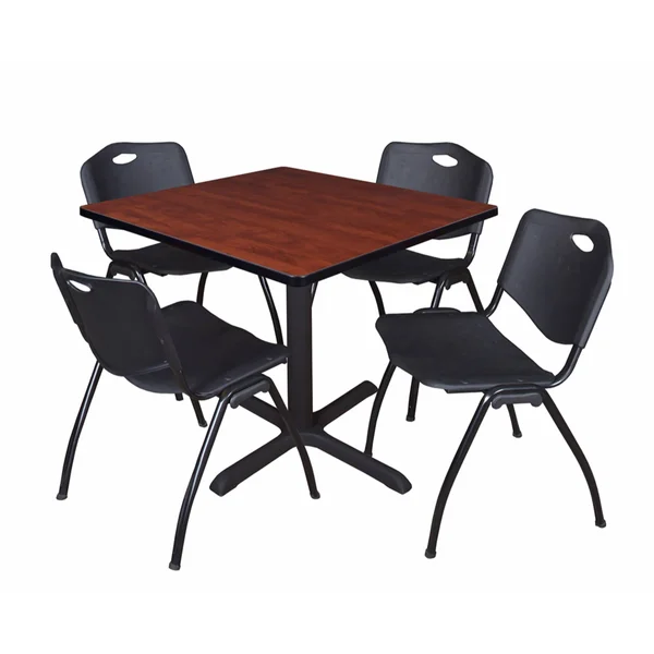 Cain 36x22 Square Breakroom Table- Cherry & 4 &M& Stack Chairs- Black - Regency - TB3636CH47BK