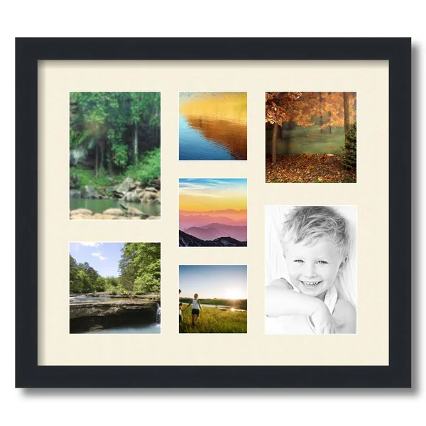 Collage Picture Frame - Satin Black Frame with 7 openings for 5x7 Photos with White Ivory Mat. D3926FY568, ArtToFrames