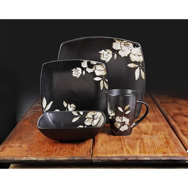 Gibson Elite Lanark 16 Piece Square Dinnerware Set - Black