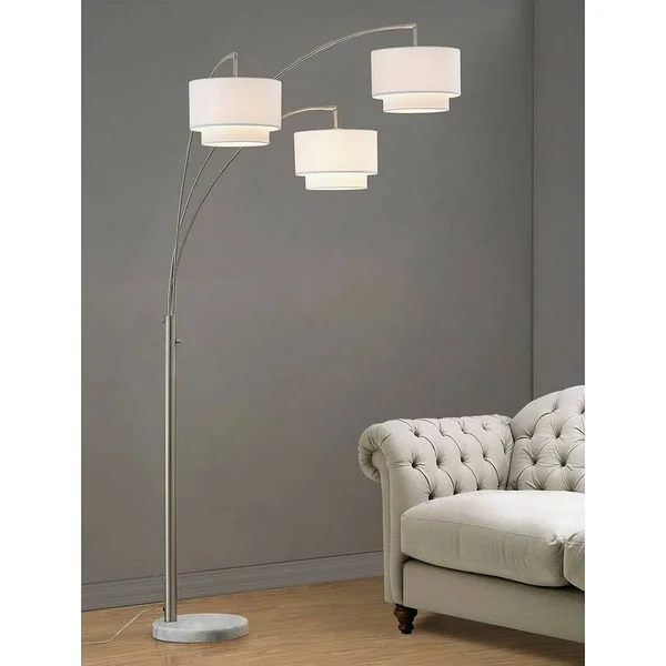 HOMEGLAM Broadway 3-Light 4-Way Switch Arch Floor Lamp Brushed Nickel/White Shades Nickel Brushed, Silver