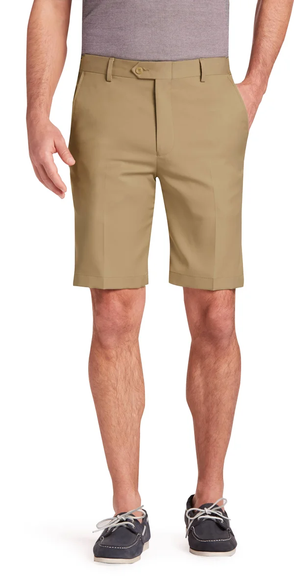 JoS. A. Bank Men's Traveler Performance Flat Front Tailored Fit Comfort Waist Shorts, Tan, 33 Regular