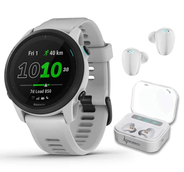 Garmin Forerunner 745 - GPS Running Watch with Wearable4U Earbuds with Charging Power Bank Case Bundle Whitestone Watch + White E