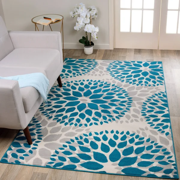 Modern Floral Design Blue Area Rug - 9& x 12&