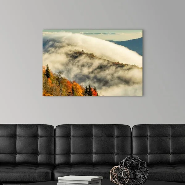Autumn Colors and Mist at Sunrise, Blue Ridge Mountains at Sunrise, North Carolina, Canvas Wall Art, 36x24, Great Big Canvas