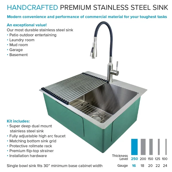 Transolid 25 in. x 22 in. x 12 in. Stainless Steel Drop-In or Undermount Laundry/Utility Sink Kit with Faucet and Accessories, S