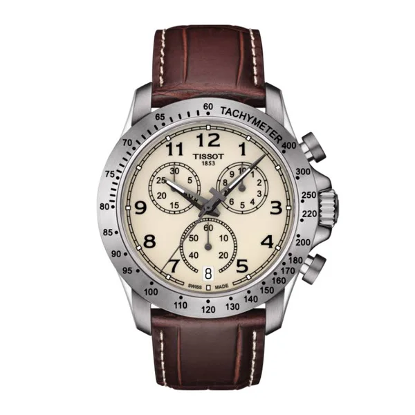 Tissot V8 Chronograph Leather Strap Watch - 43mm Brown/ Ivory/ Silver