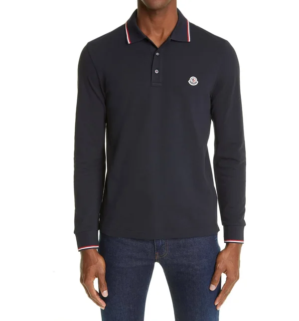 Men's Moncler Tipped Long Sleeve Piqué Polo, Size X-Large - Blue