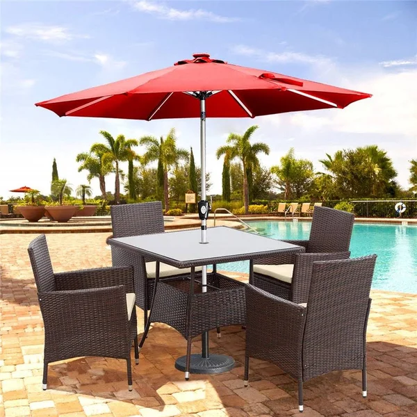 5 Piece Outdoor Patio Dining Set, Wicker Glassed Table and Cushioned Chair, Umbrella Cut Out, Brown, Size: 83