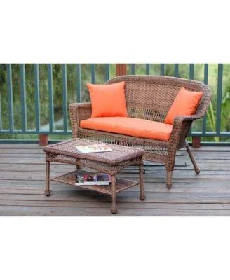 Jeco W00201-LCS016 Espresso Wicker Patio Love Seat and Coffee Table Set with Orange Cushion