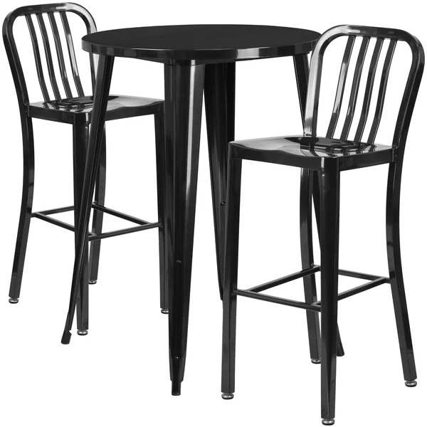 Round Orange Metal Indoor-Outdoor Bar Table Set with 2 Vertical Slat Back Stools