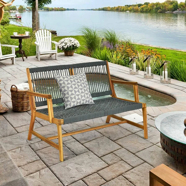 Gymax Wooden Rope Bench Loveseat Patio Garden Outdoor w/ Armrest & BACKREST