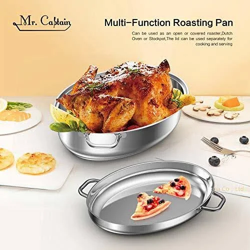 Mr Captain Roasting Pan with Rack and Lid 8.5 Quart - 18/10 Stainless Steel Multi-Use Oval Roaster, Induction Compatible Dishwasher
