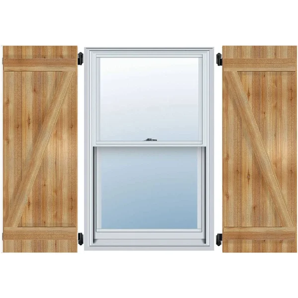 10 3/4x22W x 46x22H TimberCraft Two 5 3/8x22 Boards Joined Board-n-Batten Shutters w/Z-Bar - Rough Sawn Western Red Cedar (Per Pa