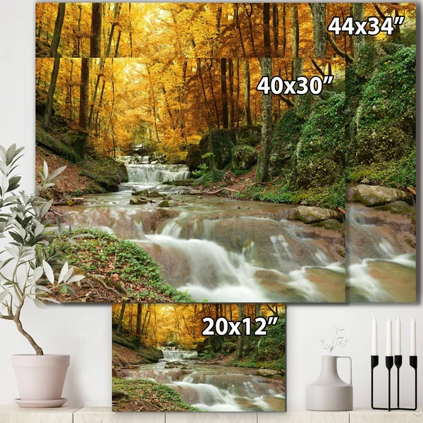 Designart Forest Waterfall with Yellow Trees Landscape Canvas Art Print - 4 Panels - 61471340018
