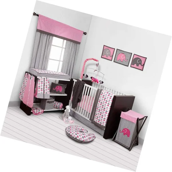 Bacati - Elephants Pink/Grey 10-Piece Nursery in A Bag Girls Crib Baby Bedding Set with 2 Crib Sheets 100% Cotton Fabrics