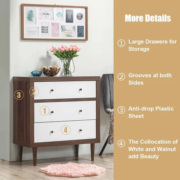 Costway 3 Drawer Dresser Wood Chest of Drawers Storage Freestanding - Brown - 3-Drawer