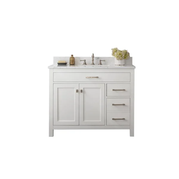 Sudio Jasper 42 in. W x 22 in. D Bath Vanity in White with Engineered Stone Vanity Top in Carrara White with White Basin