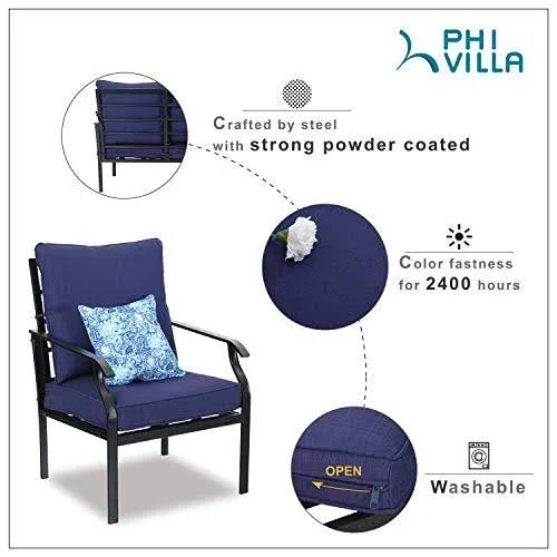 Phi Villa Metal 4 Piece Outdoor Patio Furniture Padded Conversation Set with 1 Loveseat - 2 Chairs, 1 Coffee Table & 4 Free P