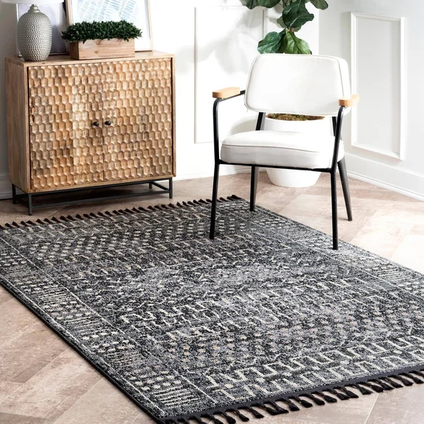 nuLOOM Tulia Vintage Ethnic Tassel Area Rug (7& 6x22 x 9& 6x22 - Gray)
