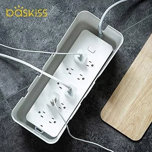 Cable Management Box by Baskiss, 12x5x4.5 Inches, Wood Lid, Cord Organizer for Desk TV Computer USB Hub System to Cover and Hide