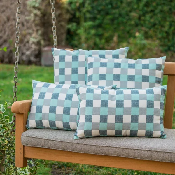 Contemporary Home Living Set of 4 White and Blue Plaid Outdoor Throw Pillows 18.5x22