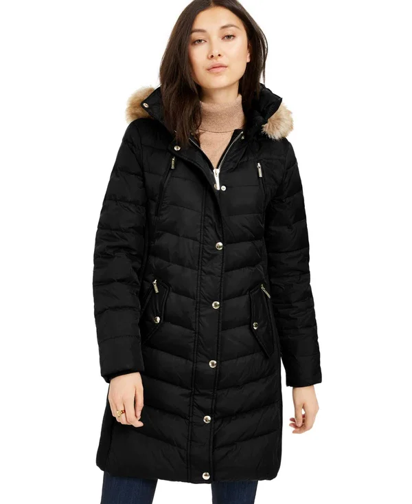 Michael Kors Faux Fur Trim Hooded Chevron Down Puffer Coat