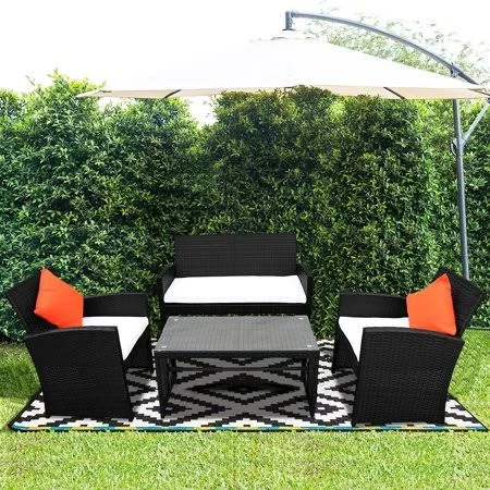 4-Piece Patio Furniture Sets, Wicker Patio Furniture with Two Single Sofa, One Loveseat, Tempered Glass Table, Conversation Furn