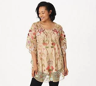 Tolani Collection Embroidered Mesh Caftan Tunic - Size X-Small, Beige