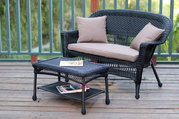 Jeco W00207-LCS007 Black Wicker Patio Love Seat and Coffee Table Set with Brown Cushion