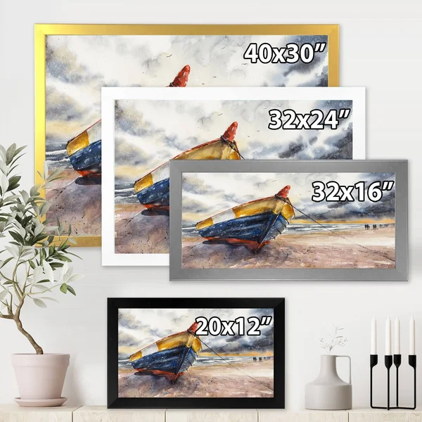 Designart &Wooden Boat on The Baltic Shores& Nautical & Coastal Framed Art Print - 32 in. Wide x 24 in. High - Black