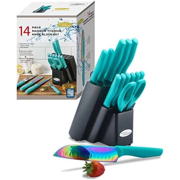 Dishwasher Safe Rainbow Titanium Cutlery Knife Set, Marco Almond Kya27 Kitchen Knives Set with Wooden Block, Rainbow Titanium
