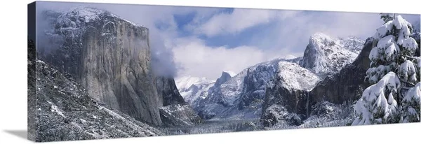 Mountains and Waterfall in Snow, Tunnel VIEW, El Capitan, Half Dome, Bridal Veil, Yosemite Nation..., Canvas Wall Art, 48x16