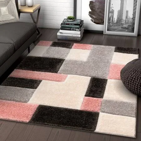 Well Woven Ella Pink Geometric Boxes Thick Soft Plush 3D Textured Shag Area Rug - Size: 3'11 x 5'3