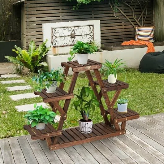 Costway Wood Plant Stand Triangular Shelf 6 Pots Flower Shelf