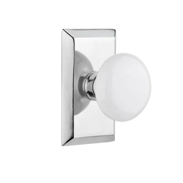 Nostalgic Warehouse 717841 Studio Plate Privacy White Porcelain Door Knob, Bright Chrome