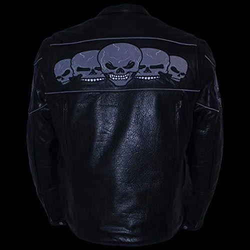 Xelement Bxu6050 Men's &3 Skull Head& Black Leather Motorcycle Jacket with X-Armor Protection - Black - Small