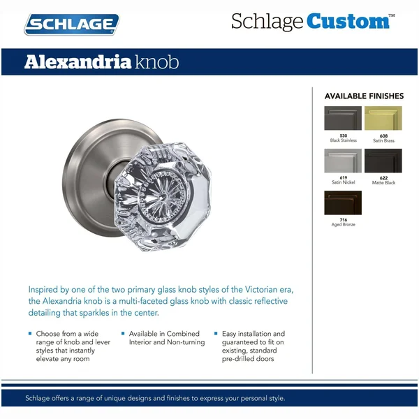 Schlage Custom FC172ALX619ALD Alexandria Knob with Alden Rose Non Turning Dummy Lock Satin Nickel Finish