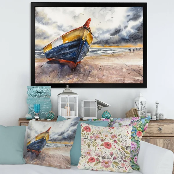 Designart &Wooden Boat on The Baltic Shores& Nautical & Coastal Framed Art Print - 32 in. Wide x 24 in. High - Black