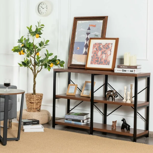 Gymax 47'' Console Table 3 Tier Industrial Sofa Table Metal Frame - 47'' x 13'' x 30'' - Brown