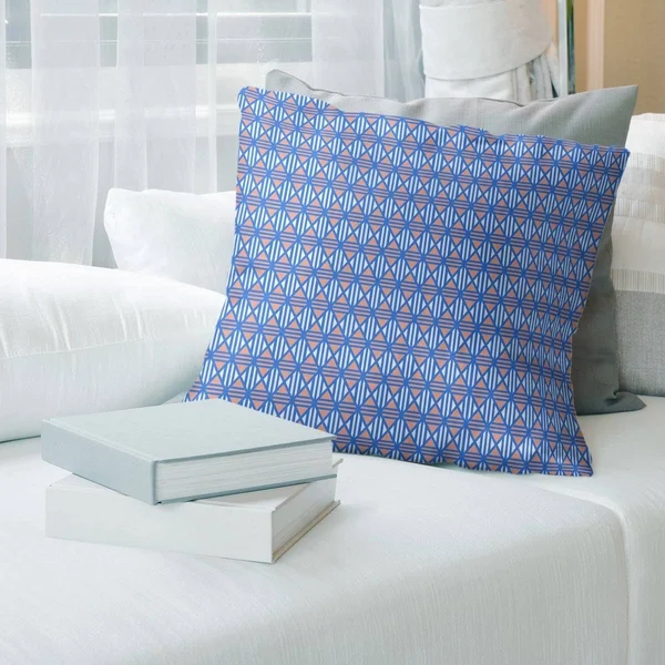 Blue Feature Two Color Lined Diamonds Throw Pillow - 20 x 20 - Blue & Orange - Linen