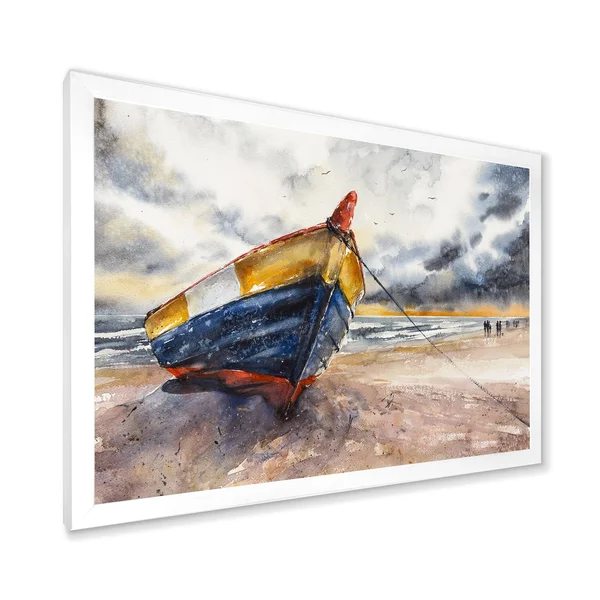 Designart &Wooden Boat on The Baltic Shores& Nautical & Coastal Framed Art Print - 32 in. Wide x 24 in. High - Black