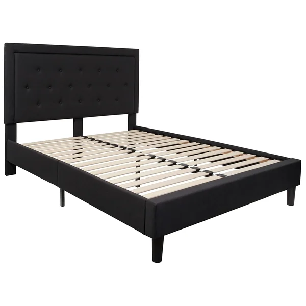 BSD National Supplies, Logan Queen Size Black Fabric Platform Bed with Button Tufted Headboard