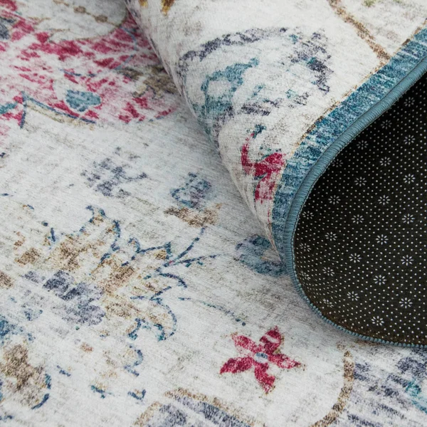 Machine Washable - Vintage Distressed Bohemian - Light Blue - 4& x 6& - 4& x 6& (Blue - Pink, Ivory)