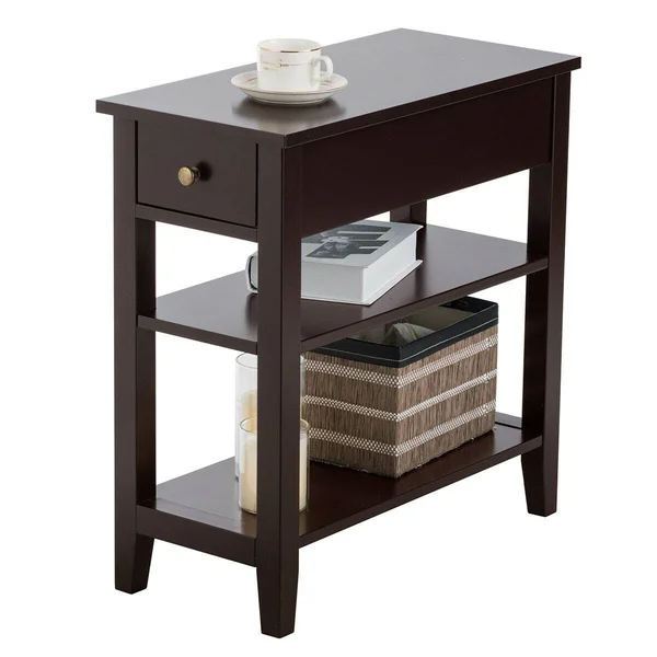 3-Tier Nightstand Bedside Table Sofa Side with Double Shelves Drawer-Coffee