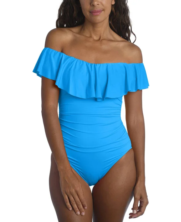 La Blanca Island Goddess Off Shoulder Ruffle One Piece, Color China Blue - Women's Swimwear
