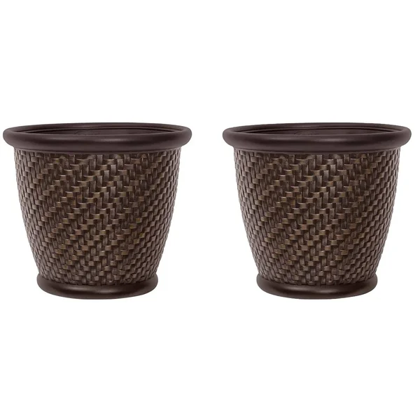 Suncast 18 x 16.5 inch Wicker Resin Dirt Pot Garden Planter - Dark Brown (2 Pack)