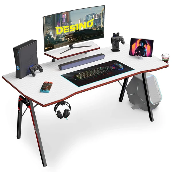 Desino Gaming Desk 47 inch PC Computer Desk, Home Office Desk Table Gamer Workstation with Cup Holder and Headphone Hook, White